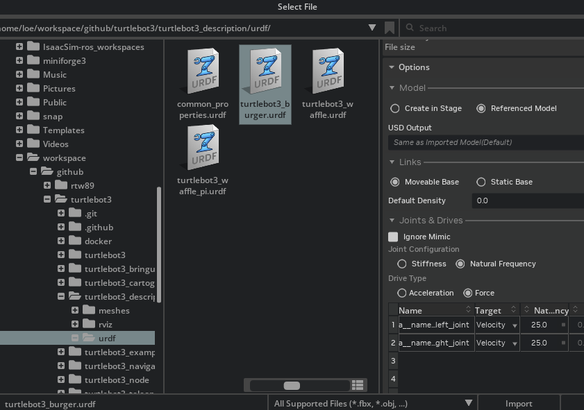 TurtleBot URDF import 옵션